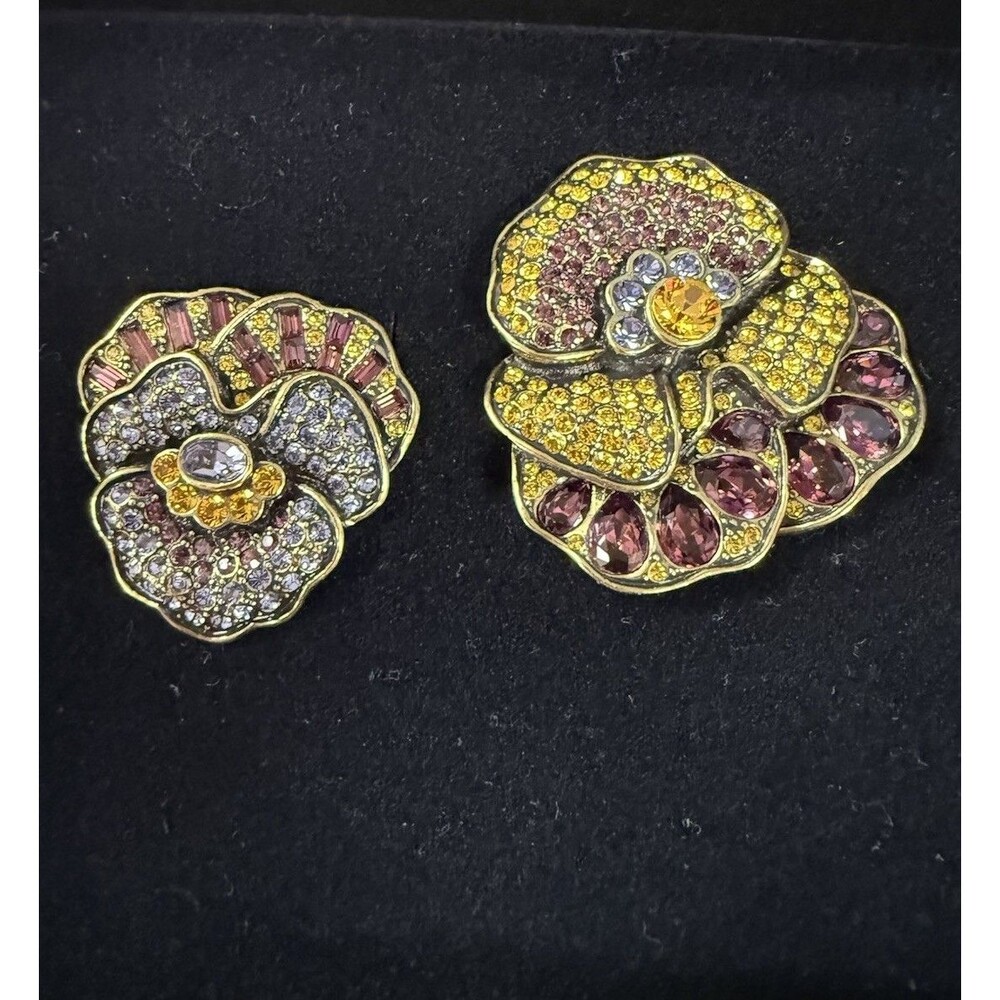 Heidi Daus "Pleasing Pansy" Designer Brooch Pin Set Of 2 Vintage. In Box.